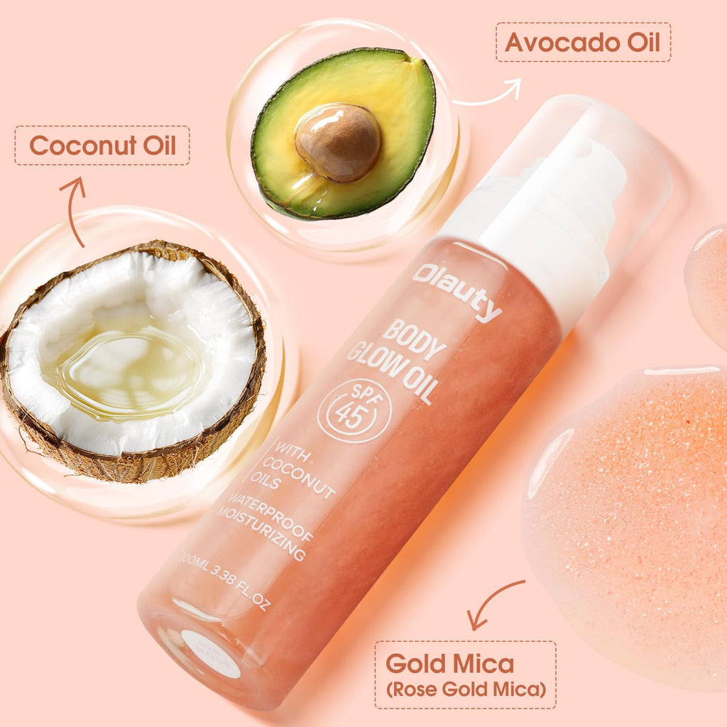 Body Glow Oil, SPF45 Sunscreen Body Oil Shimmer Moisturizing with Coconut Oil Nourishing Glowing Skin, Body Shimmering Oils for Face & Body, Lightweight, Non-Greasy