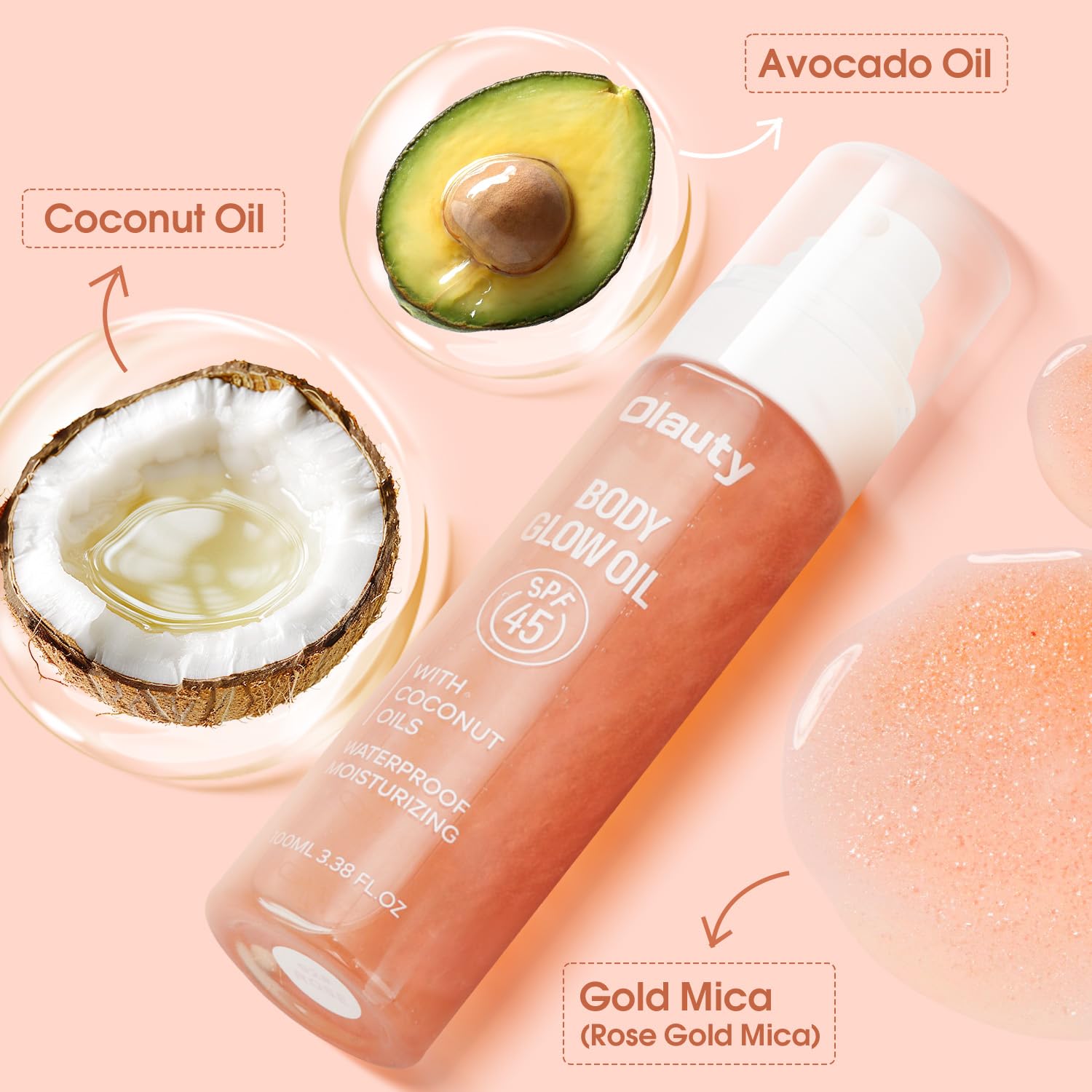 Body Glow Oil, SPF45 Sunscreen Body Oil Shimmer Moisturizing with Coconut Oil Nourishing Glowing Skin, Body Shimmering Oils for Face & Body, Lightweight, Non-Greasy