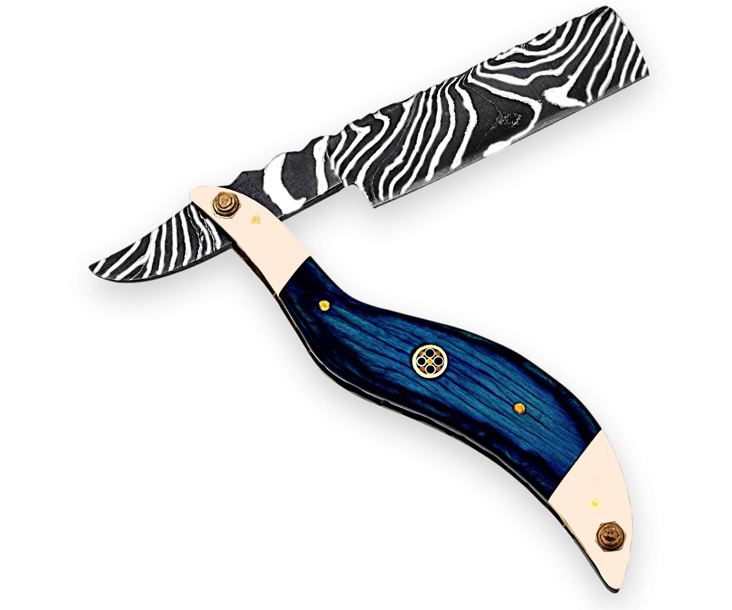 Strong Edges Hand Made Damascus Steel Straight Razor Folding Razor With Shaving Ready Classic Barber Blade Edge, Men Straight Razor, Leather Case + Strop, Close Shave, Great Gift R-87