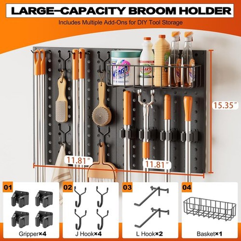 Skiennix Broom Holder Wall Mount - Durable Peg Board Organizer with Mop Hanger and Hooks for Laundry Room Storage