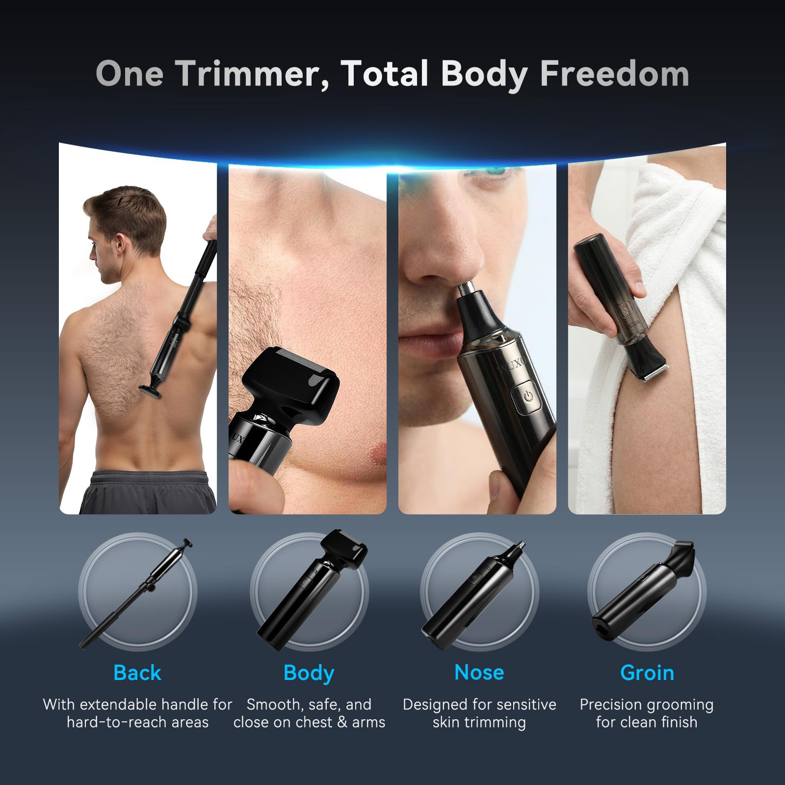 WUXO Electric Groin Hair Trimmer, LED Display Back Shaver for Men