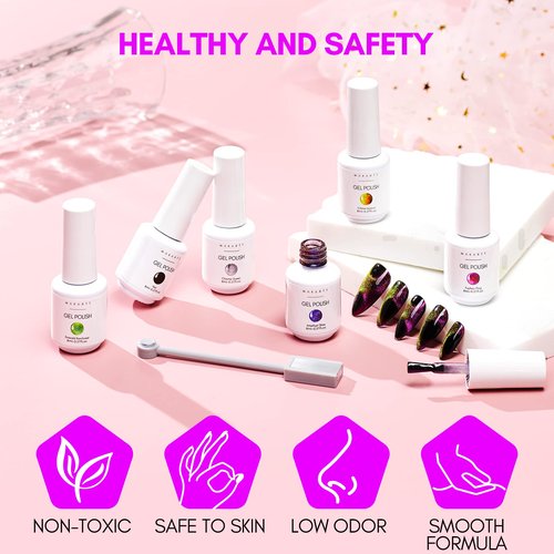 Makartt 9D Magnetic Cat Eye Gel Nail Polish Set, 6 Colors (Yellow, Purple, Silver, Rose Red, Green, Black Hole Effect) with Magnet Stick, 8ml – Soak Off DIY Manicure & Nail Art Supplies