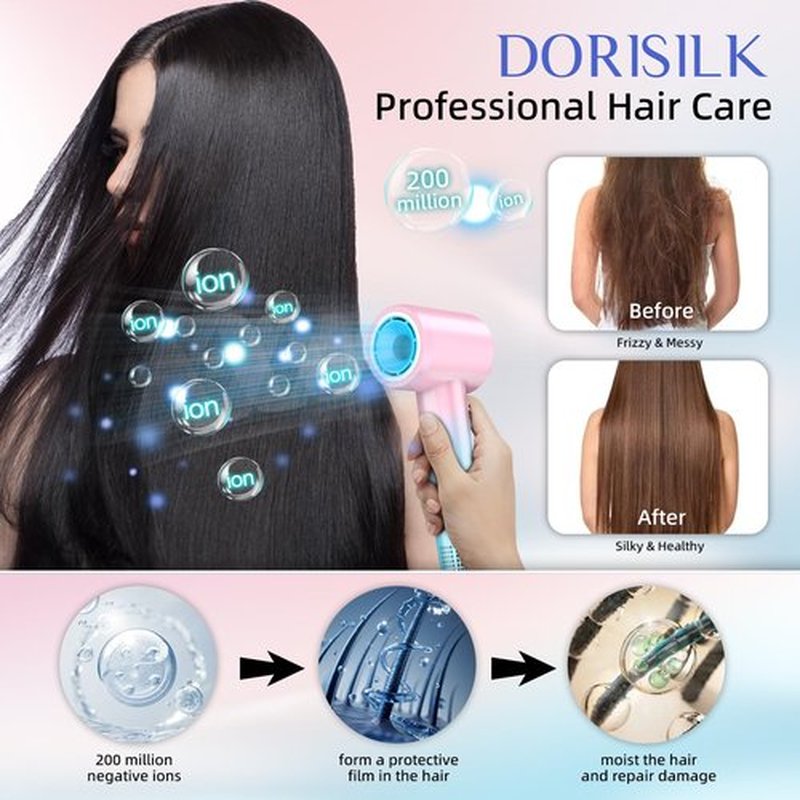 DORISILK Ionic Hair Dryer 110,000 RPM High Speed, Teen Girls Blow Dryer Professional for Salon Home Use, Portable Blowout Hair Dryers Lightweight with Nozzle Hot & Cold Selection for Women, Pink Blue