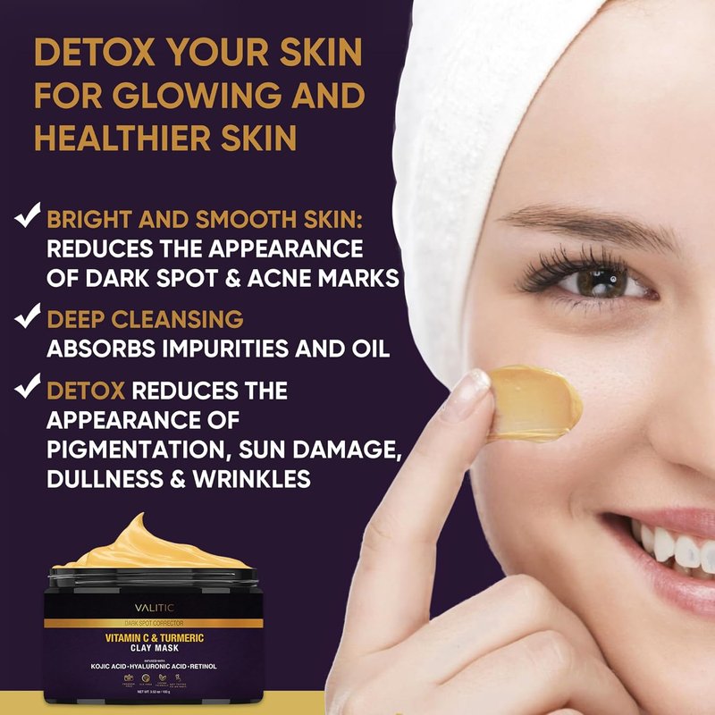 VALITIC Vitamin C & Turmeric Clay Mask - Dark Spot Corrector with Kojic Acid & Retinol - 100g Skin Care Solution