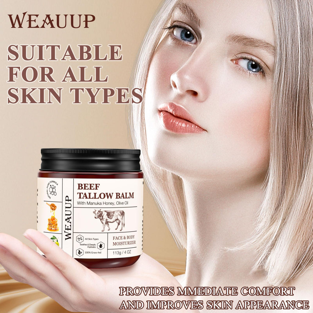 WEAUUP Beef Tallow for Skin, Organic Grass Fed Whipped Beef Tallow Balm, Tallow and Honey Balm with Raw Honey and Beeswax, Nourishing Moisturizer for Face & Body Natural Skin Care for Soft