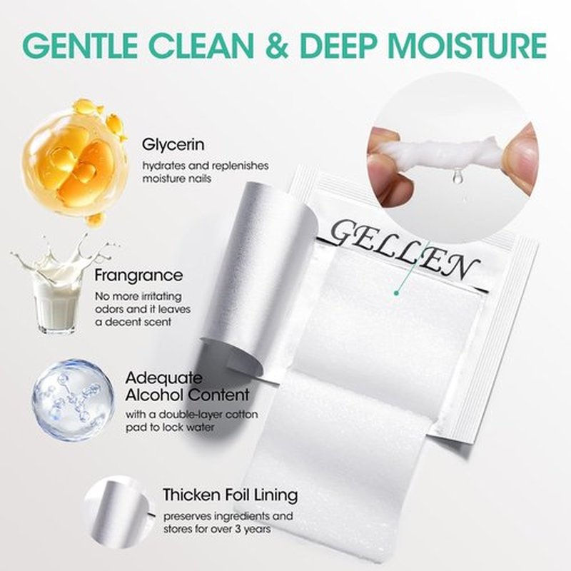 GELLEN Nail Cleanser Pads - 200 Pack Alcohol Prep Wipes for Tacky Residue Removal | Lint-Free & Travel-Friendly