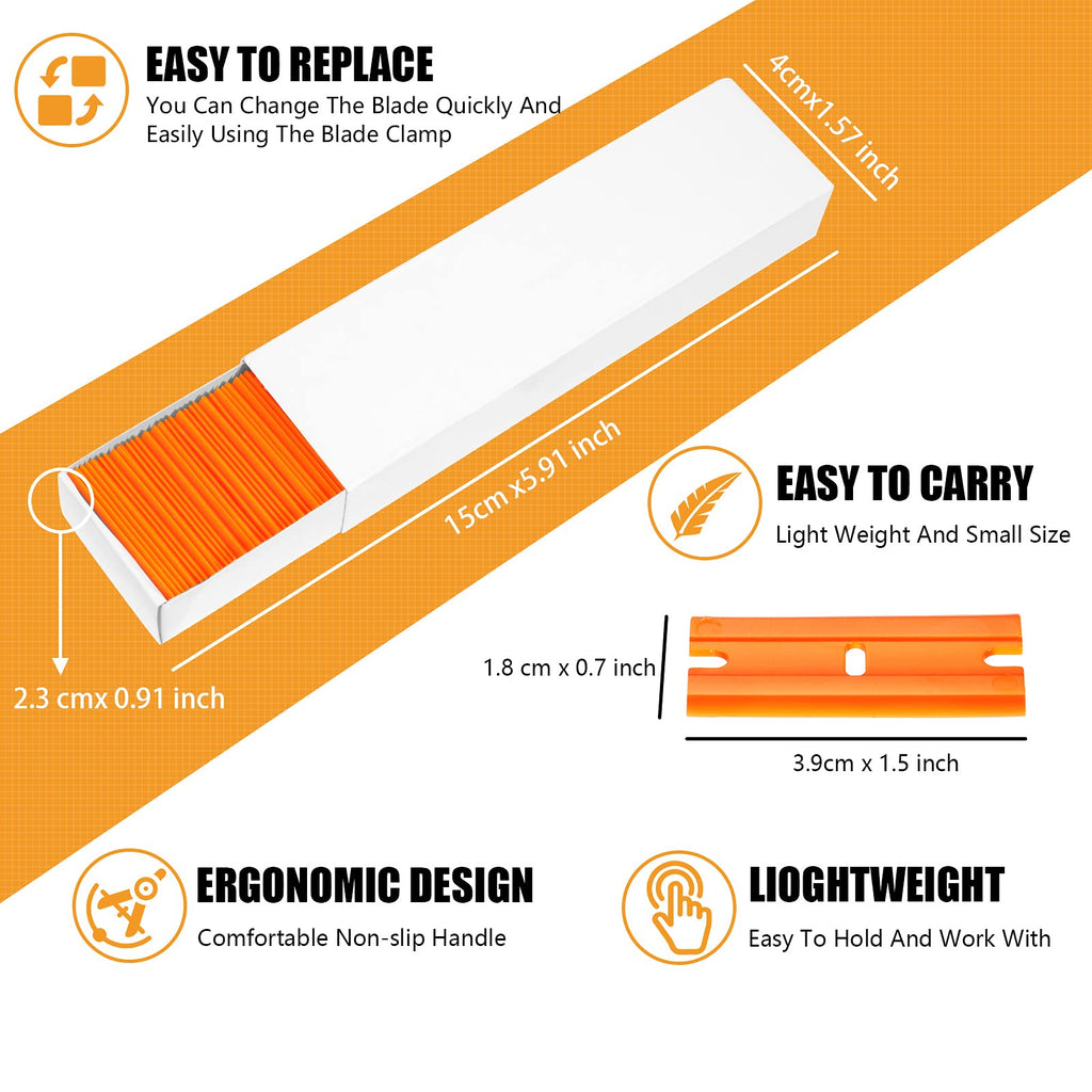 Honoson 300 Pieces Plastic Razor Blade Scraper Blades Plastic Scraper Tools Double Edge Razor Blades with a Tip Slot Edge Blades for Removing Decals, Stickers, Cleaning Window Glass (Orange)