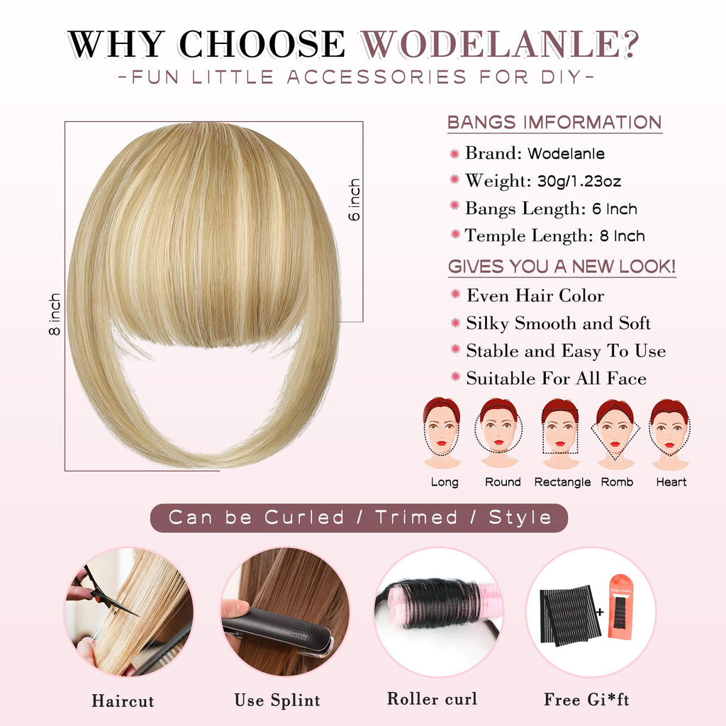 Wodelanle Clip in Bangs,Natural Fake Bangs Hair Clip,Light Blonde Mix Bleach Blonde French Bangs Fringe with Temples Hairpieces for Women Bangs Hair Extenisons for Daily Wear