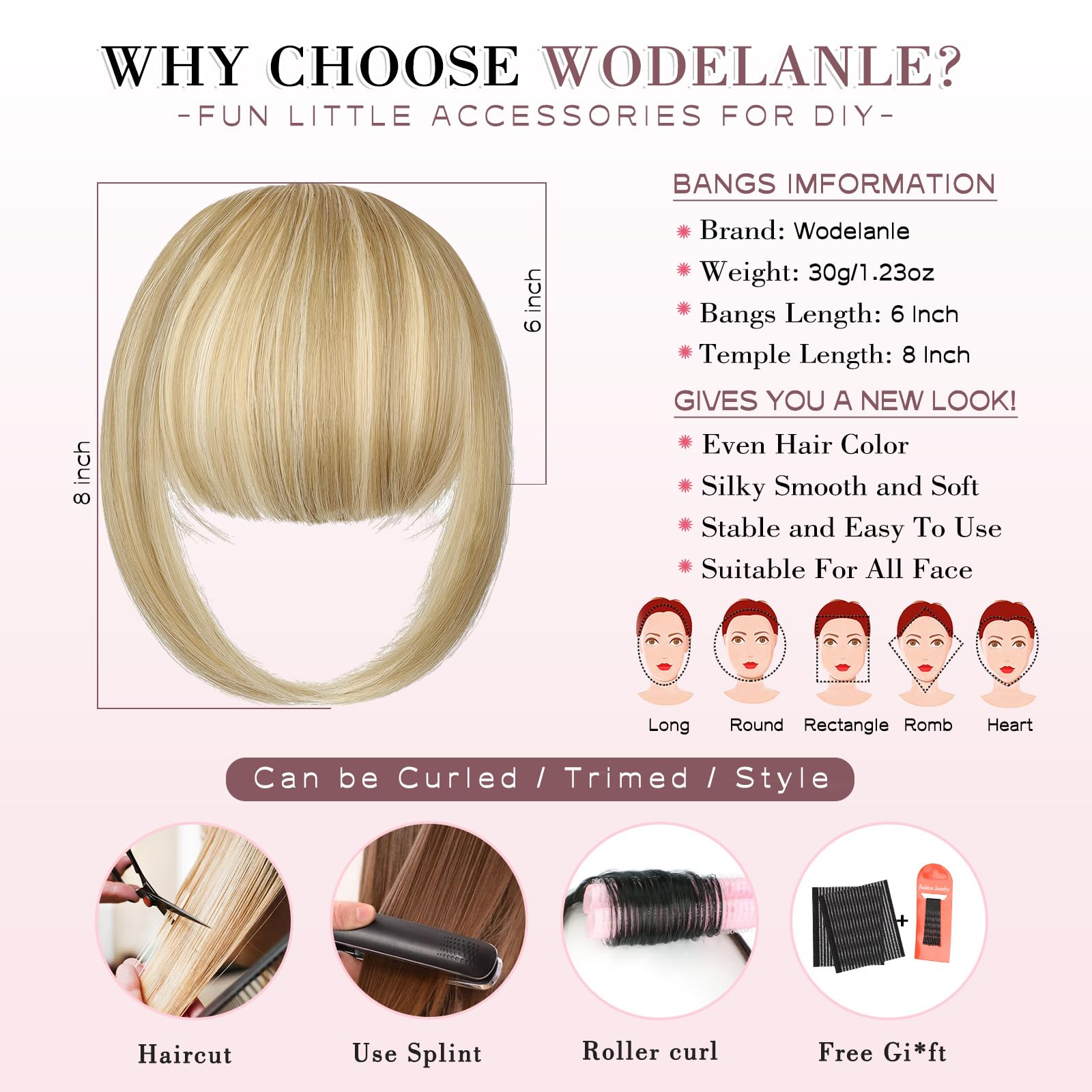 Wodelanle Clip in Bangs,Natural Fake Bangs Hair Clip,Light Blonde Mix Bleach Blonde French Bangs Fringe with Temples Hairpieces for Women Bangs Hair Extenisons for Daily Wear