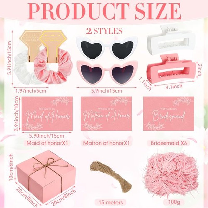 Geiserailie 40 Pcs 8 Set Bridesmaid Proposal Gifts Will You Be My Bridesmaid 4.1in Square Hair Claws Heart Sunglasses(Pink)