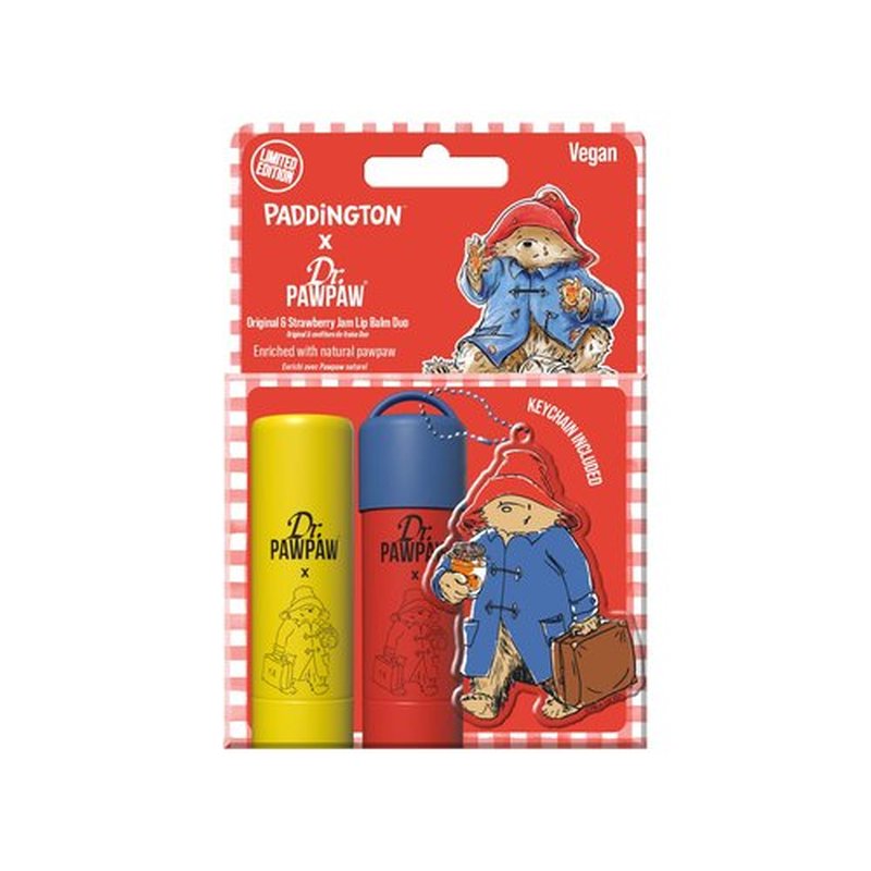 Dr. PawPaw Paddington Lip Balm Duo with Keyring - Original, Strawberry - Natural Balm with Aloe Vera - Gluten Free Lip Moisturizer to Hydrate - 2 pc