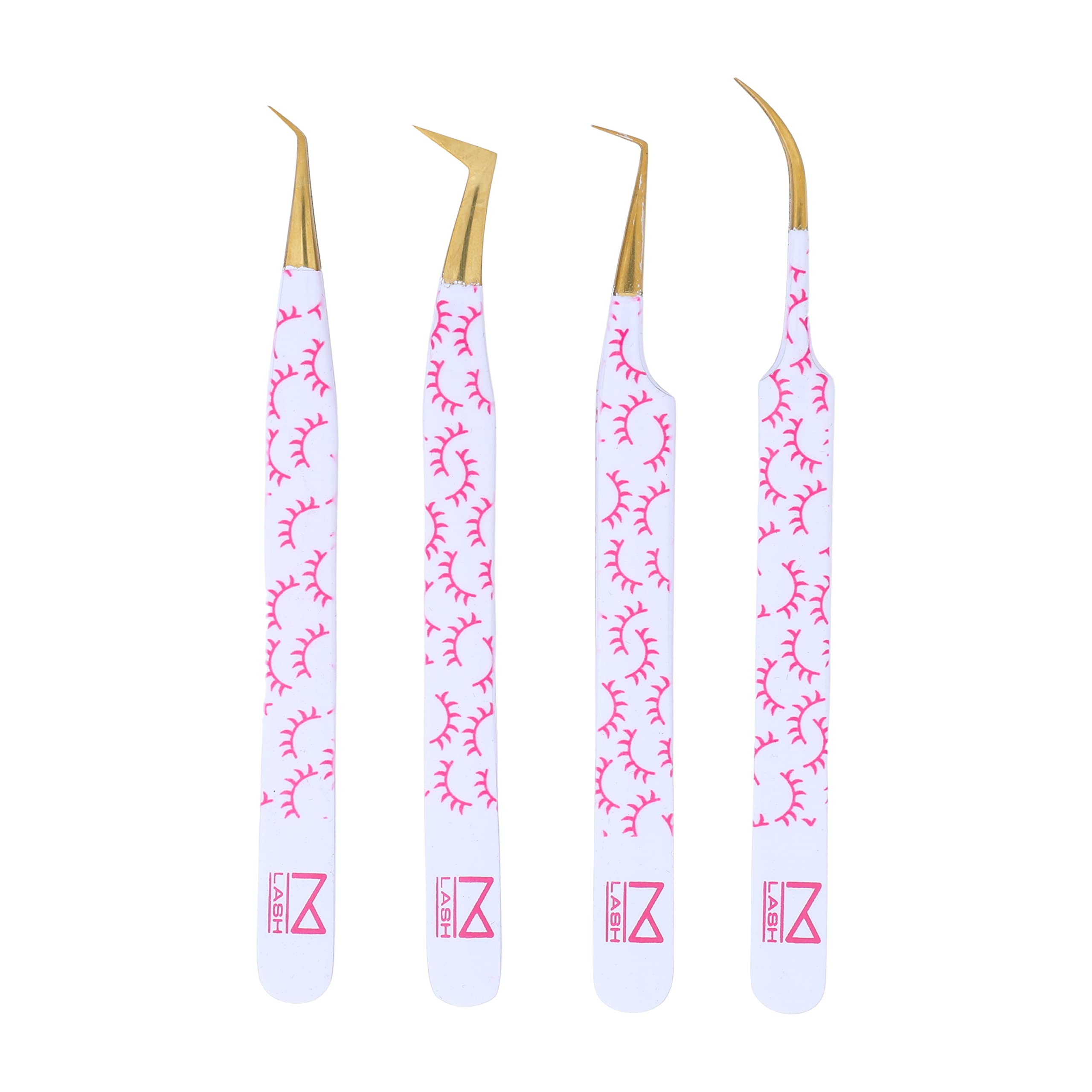 M LASH Tweezers for Eyelash Extensions (Set of 4) - Professional Lash Extension Tweezers - Fiber Tip, Japanese Steel, Diamond Grip Eyelash Extension Tweezer set (F-SET)