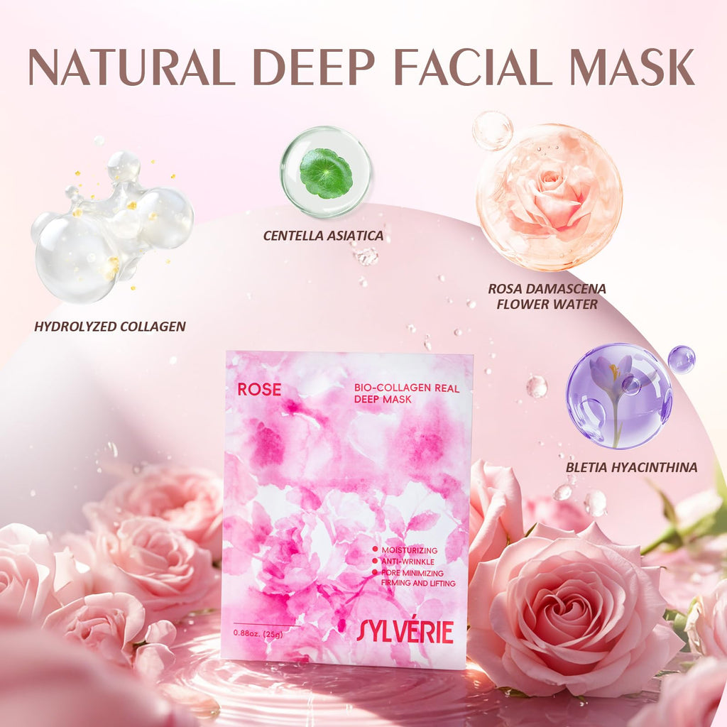 sylvérie Rose Bio-Collagen Real Deep Mask,2 Pack Moisturizing Facial Mask for Women Skin Care,Hydrating Beauty Rose Sheet Masks for All Skin Types