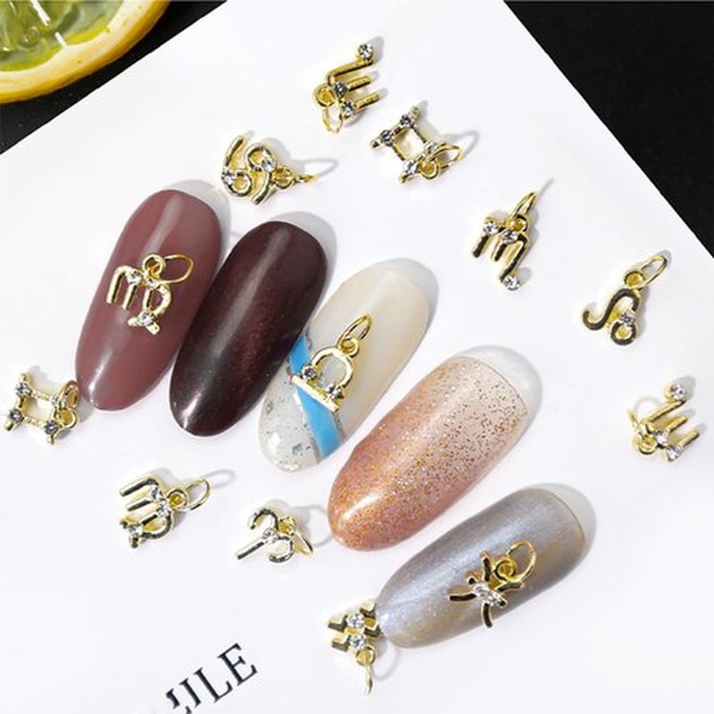 SILPECWEE 36pcs Zodiac Nail Charms 3d Silver Zodiac Sign Nail Letters Flat Back Nail Rhinestones Gold Nail Dangle Jewels Constellation Nail Art Charms Hollow Nail Studs Alloy Nail Decoration
