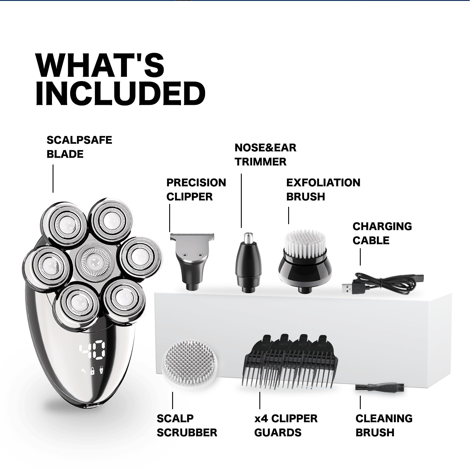 Head Shavers for Bald Men, Electric Razor, IPX8 Waterproof Dry/Wet Bald Head Shaver with 10000 RPM High-Speed Motor, Rechargeable Head Razor with LED Display, USB-C Cable, Perfect for Home & Travel