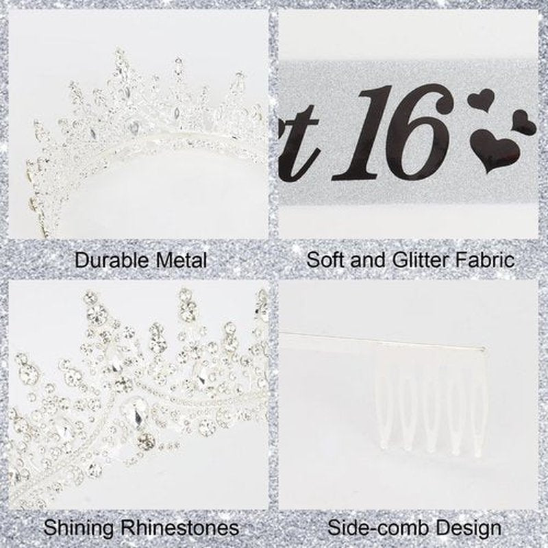 CURASA 16th Birthday Sash and Crown Silver Sweet 16 Sash 16th Birthday Tiara for Women Girls Sweet 16 Decorations Party Supplies