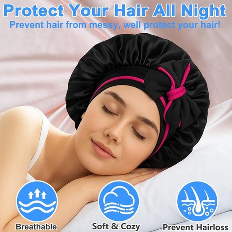 Atgdluk® Reversible Silk Bonnet for Sleeping Women - Double Layer & Color Satin Bonnet, Adjustable Hair Cap for Curly & Textured Hair (Rose Red & Black)