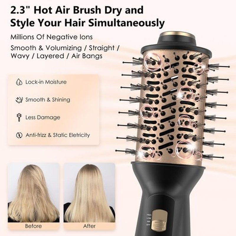 Travel Blow Dryer Brush, 4-in-1 Auto Dual Voltage (100-240V) Hot Air Brush, 2 Inch Mini Hair Dryer Brush & Styler for Voluminous Smooth Hair, Lightweight with EU/UK Plug for Home & Salon(Gold)