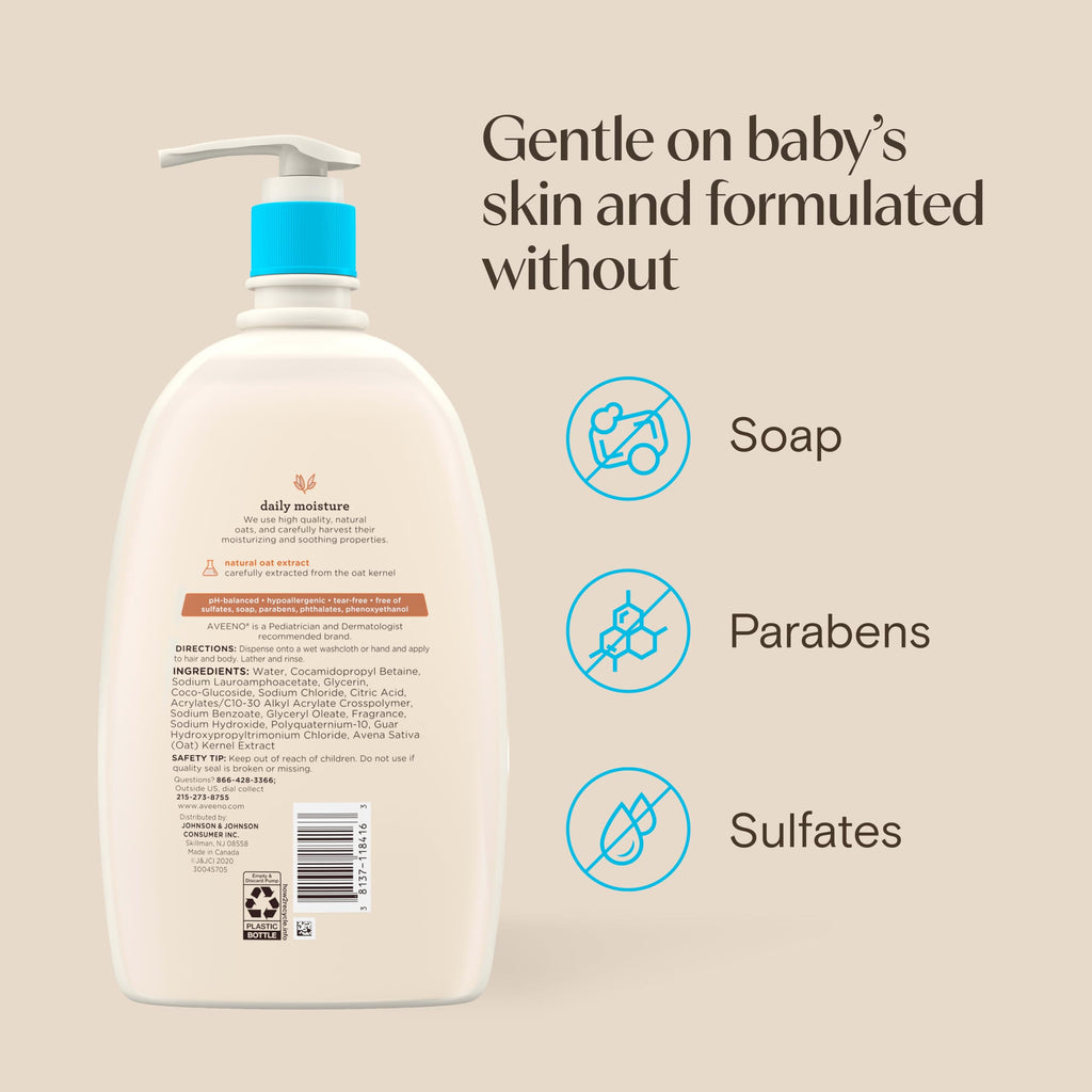 Aveeno Baby Daily Moisture Gentle Baby Body Wash and Shampoo with Oat Extract, 2-in-1 Baby Wash & Hair Shampoo, Tear-Free, pH Balanced for Sensitive Skin & Hair, Lightly Scented, Value Size 33 Fl Oz