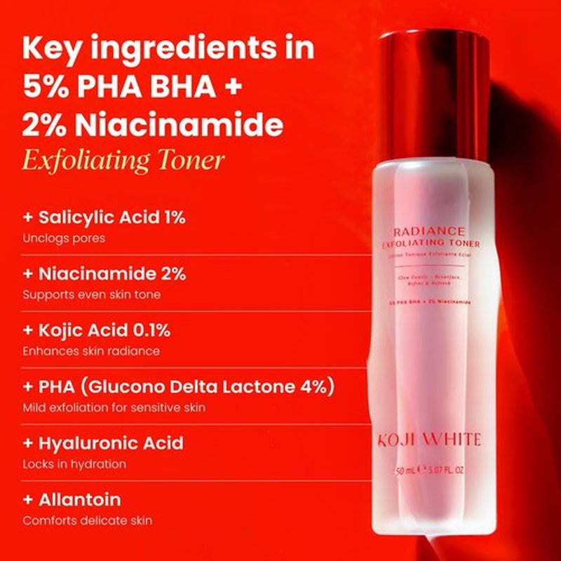 Koji White Exfoliating Toner for Face, 5% PHA BHA Toner | 2% Niacinamide, Kojic Acid & Hyaluronic Acid | Hydrating & Soothing Facial Toner | Unscented for Sensitive Skin, Vegan Skincare, 5.07 Fl Oz