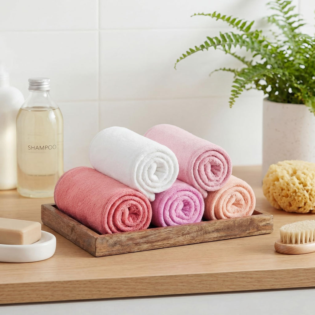 Tudomro 10 Pcs Exfoliating Washcloths Double Sided Man Wash Cloths Body Face Exfoliating Scrub Cloths for Shower Men Women (10.2 x 8.7 Inch,Gradient Pink)