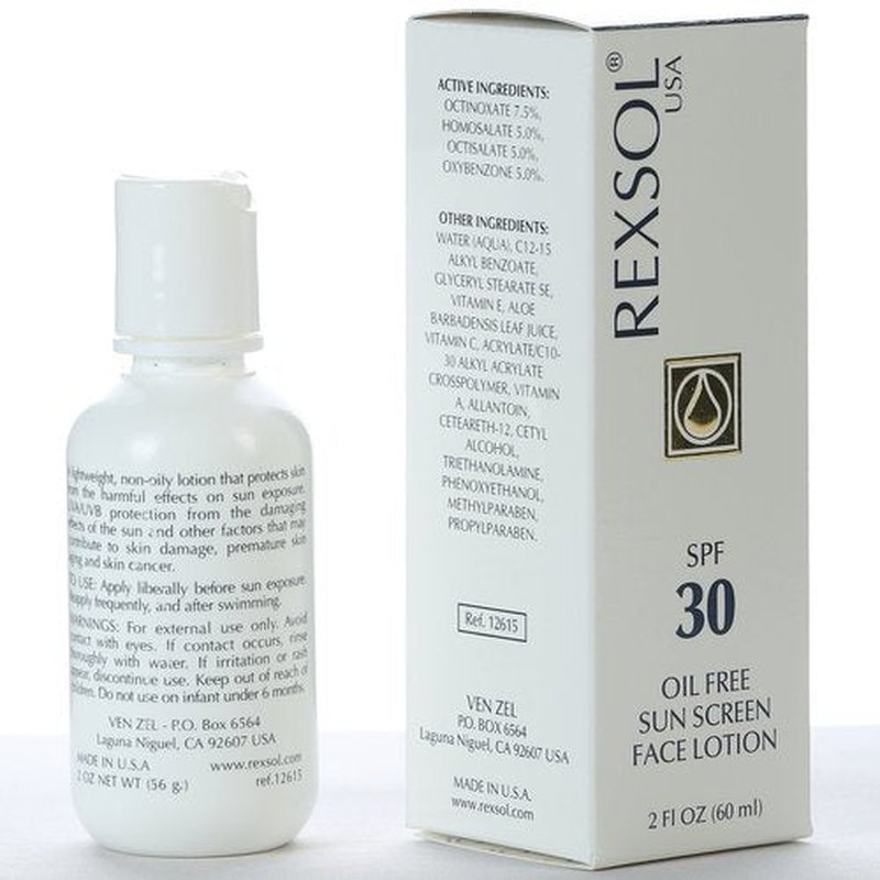 REXSOL SPF 30 Oil-Free Sunscreen Face Lotion - Broad Spectrum UVA/UVB Protection with Vitamins C, E & A | 60 ml / 2 fl oz