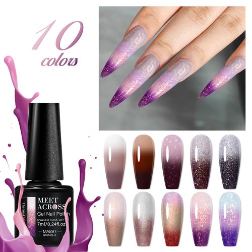 MEET ACROSS Color Changing Gel Nail Polish Set, 12 PCS Shimmer Glitter Mood Temperature Change Colors Kit, Black Brown Gray Purple UV Thermal Manicure Gel Gift