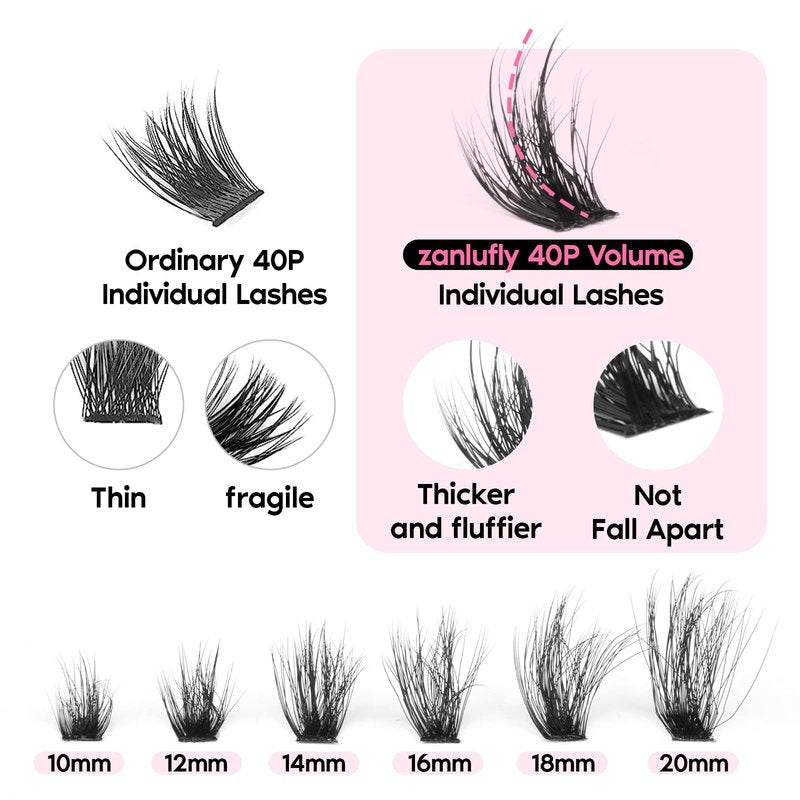 zanlufly Volume Lashes Extension Kit 20MM Mink Lashes Clusters Individual Lashes with Lash Bond and Seal and Applicator Thick Eyelashes Extension Kit