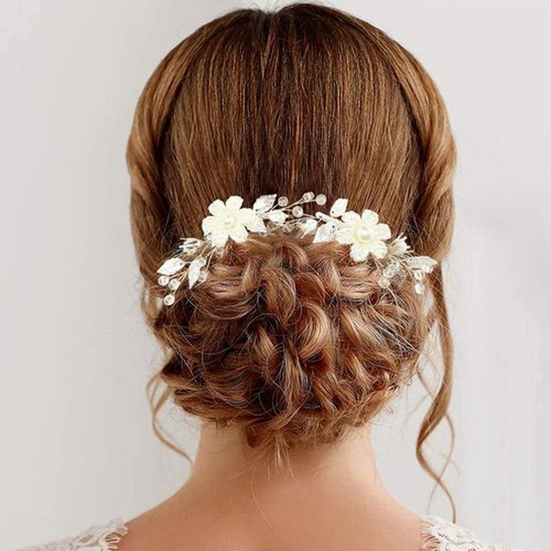 PRETTYLIFE Pearls Flower Hair Clips 2pcs Bridal Ivory Floral Silver Leaf Vine Hair Pieces Accessories for Wedding Women