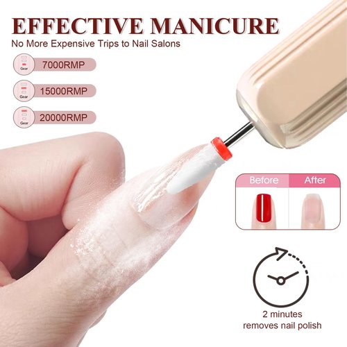 Professional Nail Drill Set, 2,0000 RPM Electric Nail File with 12 Grinding Head & 100Pcs Sanding Bands for Acrylic Gel Nails, Manicure and Polishing (Beige)