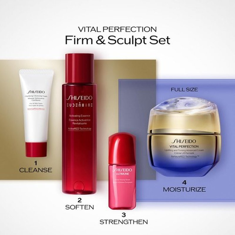 Shiseido Firm & Sculpt Set | Cleansing Foam, Essence, Serum & Cream - $224 Value, Perfect for Radiant Skin