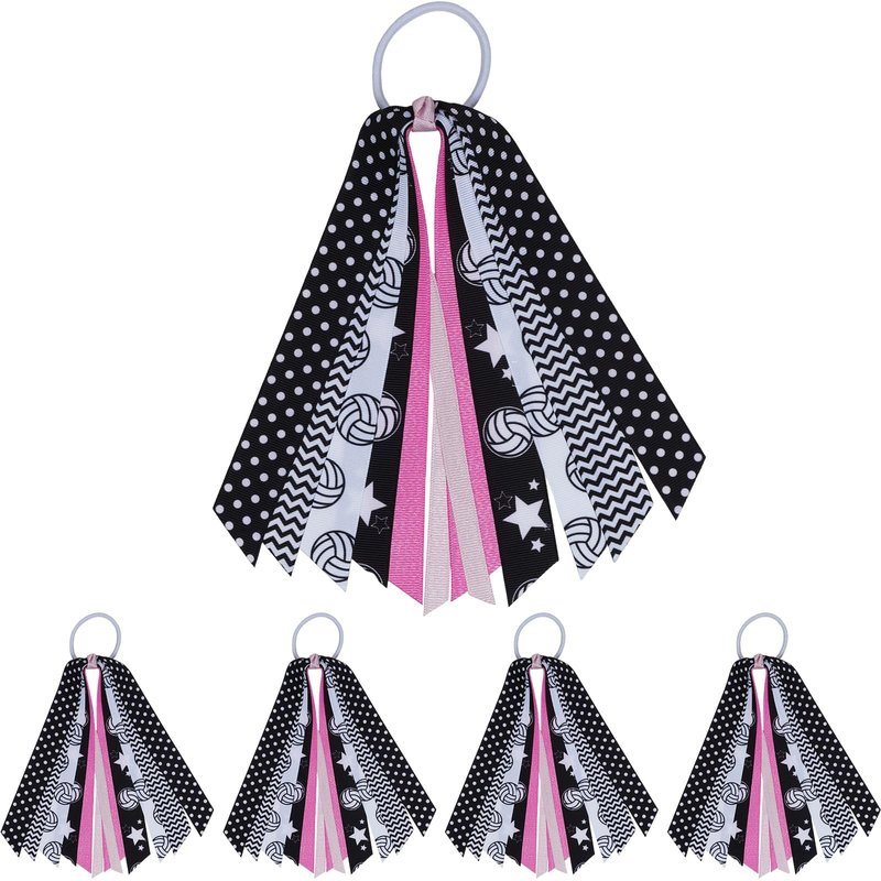 YKW 5 Pack Volleyball Hair Ties Ribbon Ponytail Holder for Girls - Sports Team Accessories with Net Pattern Scrunchies, Streamers Hair Bows Gift Set for Players, Fans, Mom (Volleyball)