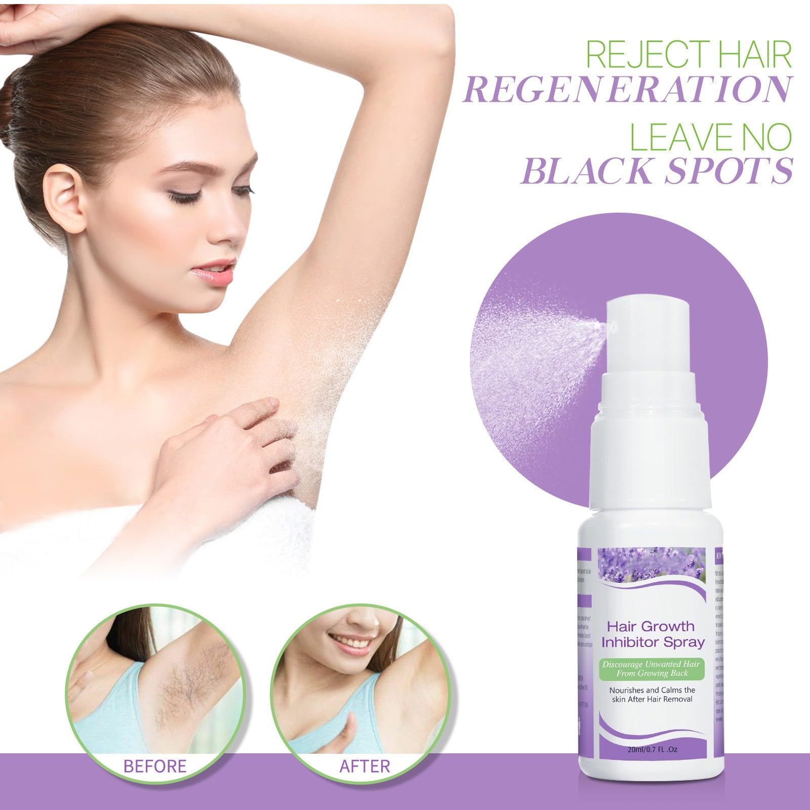 Hair Growth Inhibitor for Face - 2 Pack Hair Inhibitor 20ml, Painless Hair Removal Inhibitor Spray Slows Regrowth for Body, Face, Legs, Arms, Armpit, After Waxing Care for Women & Men
