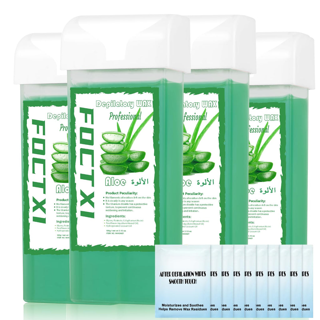 FOCTXI Roll on Wax Cartridge, 4 Hair Removal Aloe Vera Ｗax Cartridge with 10 Pack Cleaning Oil Wipes, Depilatory Wax Roller Refill for Women Sensitive Skin
