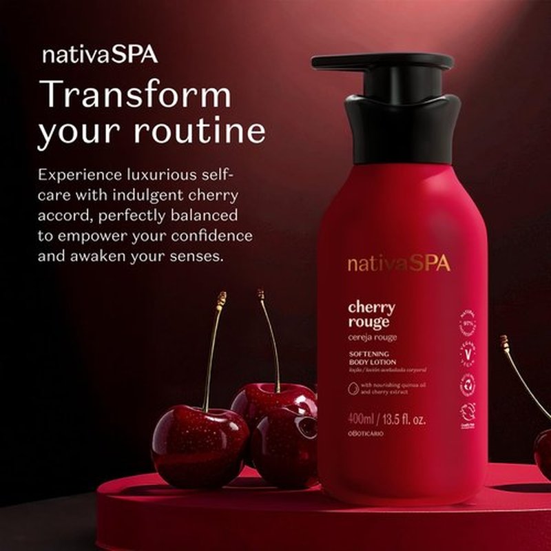 O Boticário Nativa SPA Cherry Rouge Velvety Body Lotion, Bold Oriental Amber Fragrance with Cherry Extract & Quinoa Oil, Collagen Boosting Hydration, 13.5 Ounce (400ml)