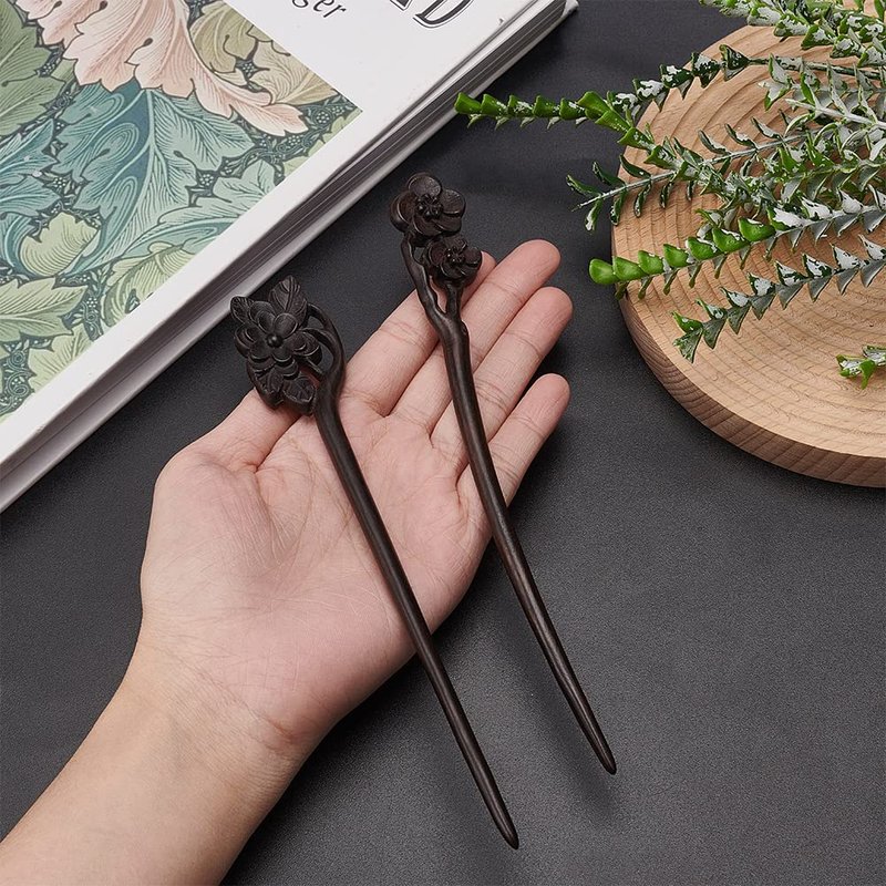 WEBEEDY 2 PCS Wooden Hair Stick for Buns, Handmade Carved Hairpin Hair Fork Vintage Chinese Hair Chopsticks for Women Long Hair Christmas Unique Gifts Hair Updo Making Accessories (Lotus,Plum Blossom)