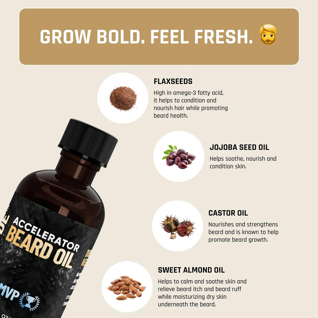 Derm Dude Accelerator Beard Growth Oil for Men | With Castor Oil & Jojoba Oil for Hair Growth | Promotes Thicker Fuller Beard | Hydrate & Soften Facial Hair, Non-Greasy - MVP 1oz