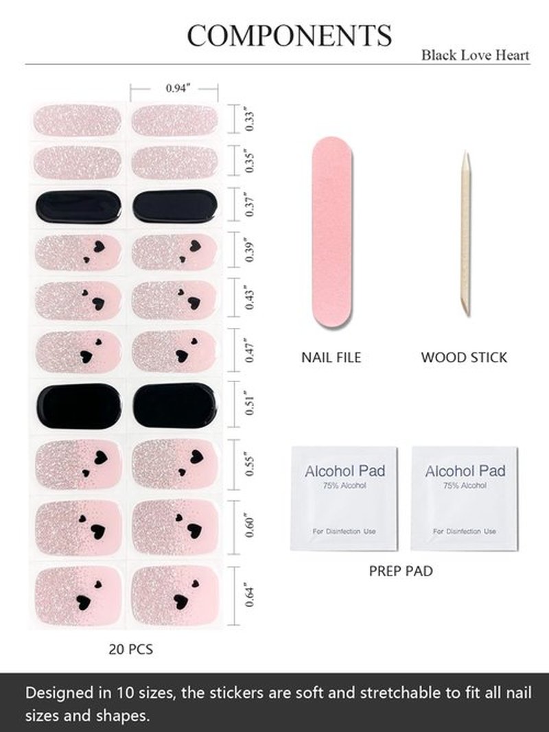 AutyaMee Semi Cured Gel Nail Strips (Black Love Heart), 20 Pcs Gel Nail Wraps, Stickers, UV Light Required, Salon Quality, Long Lasting, Valentines Day Gift