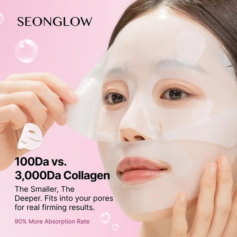 SEONGLOW Collagen Hydration Mask, 100-Dalton Ultra-Low Molecular Collagen & Peptide Complex, Deep Hydration, Elasticity & Pore Care, 34g / 1.19 oz (1 Sheet) x 4ea