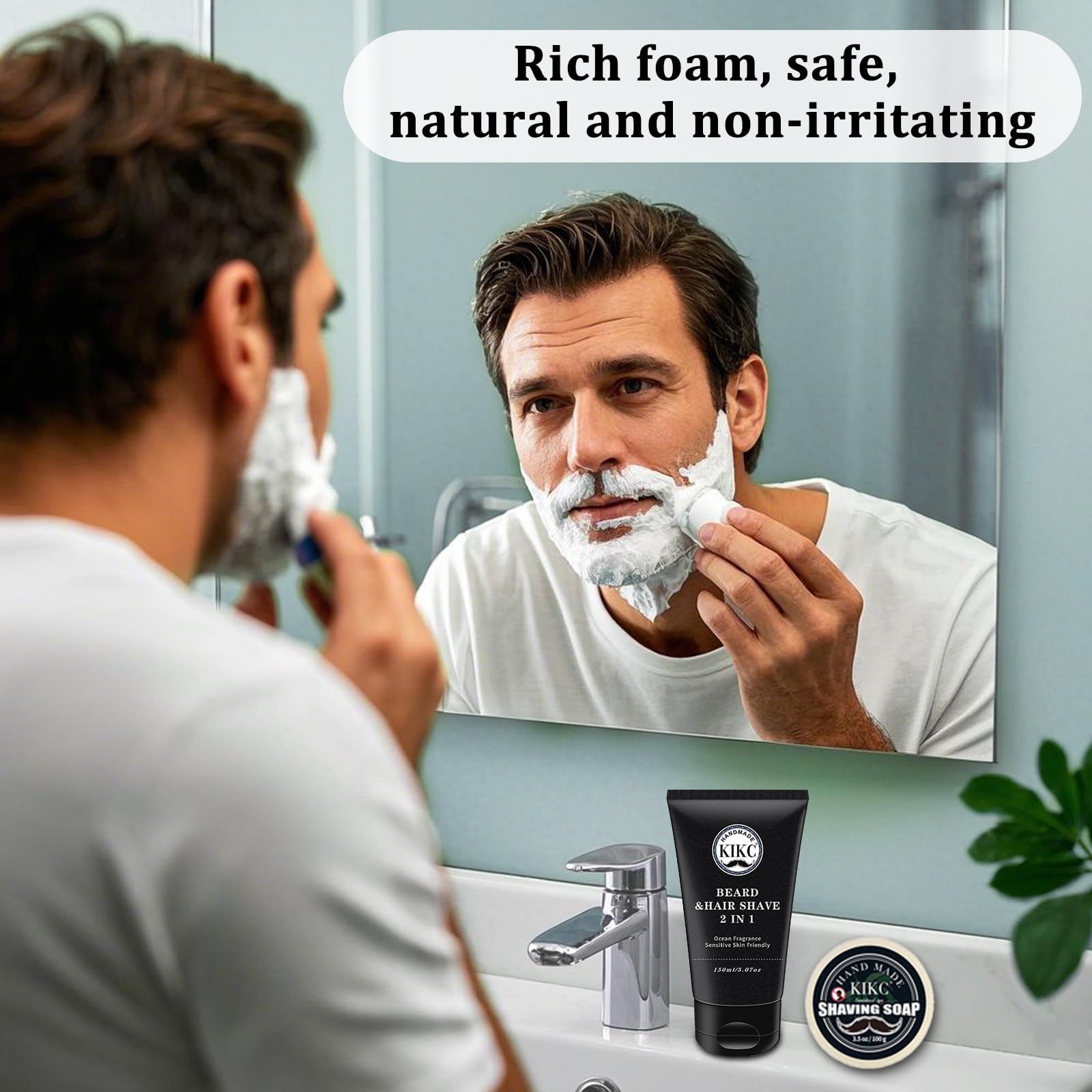 KIKC Shaving Soap and Shaving Cream Kit,Goat Milk Scent Shave Soap for Men,Shave Cream with Ocean Fragrance, a 3.5oz Soap, a 2 in 1 Shave Cream 150ml for Wet Shaving