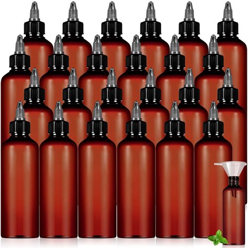Barydat 24 Pcs 3.4 oz Amber Squeeze Bottle Twist Top Applicator Empty Hair Oiling Bottle with 4 Funnels Refillable Plastic Liquid Containers for Liquid Hair Oil Shampoo Lotion