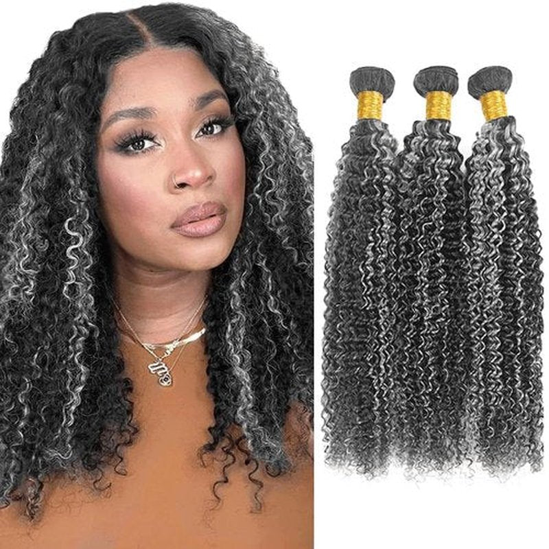 P1Bgrey Bundles Salt And Pepper Curly Wave Human Hair Bundle Two Tone Black Mixed With Silver 3 Bundles 8 10 12 Inch Highlight Grey Kinky Curly Bundle