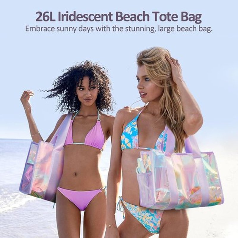 Skiennix Iridescent Waterproof Beach Bag - Large 26L Tote with Zipper & Phone Pouch | Sand-Proof Design