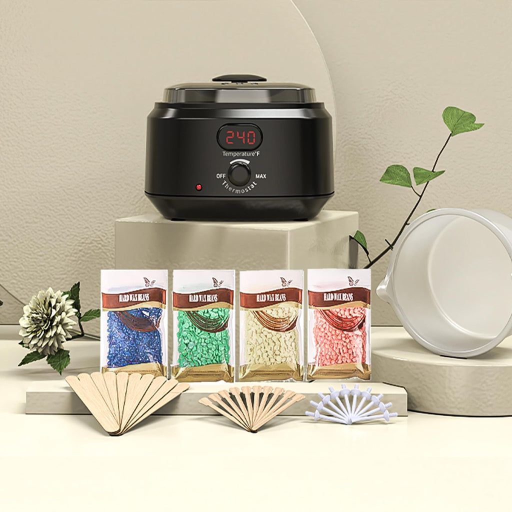 IYINIYI Waxing Kit for Women Men, Digital Wax Kit with Silicone Bowl & 4 Bags Hard Wax Beads, Portable Wax Warmer for Sensitive Skin Full Body Hair Removal, Brazilian Bikini, Eyebrow, Face (Black)