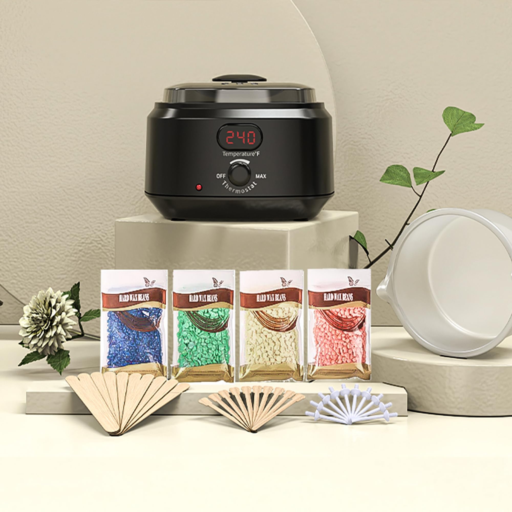 IYINIYI Waxing Kit for Women Men, Digital Wax Kit with Silicone Bowl & 4 Bags Hard Wax Beads, Portable Wax Warmer for Sensitive Skin Full Body Hair Removal, Brazilian Bikini, Eyebrow, Face (Black)