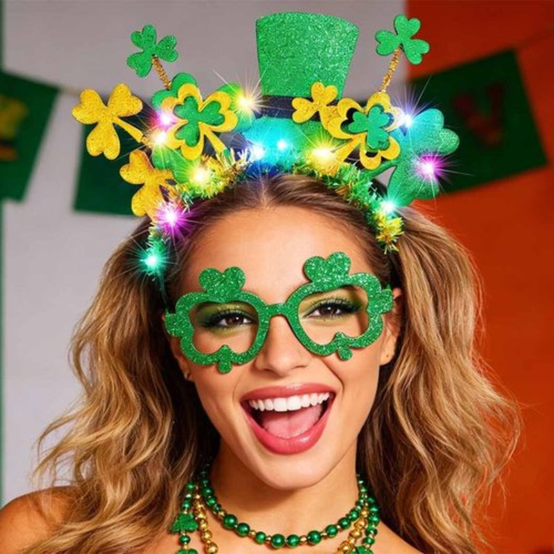 BARTOSI Light Up St Patrick's Day Headband LED Shamrock Hat Headbands Irish Green Hair Accessories for Women and Girls