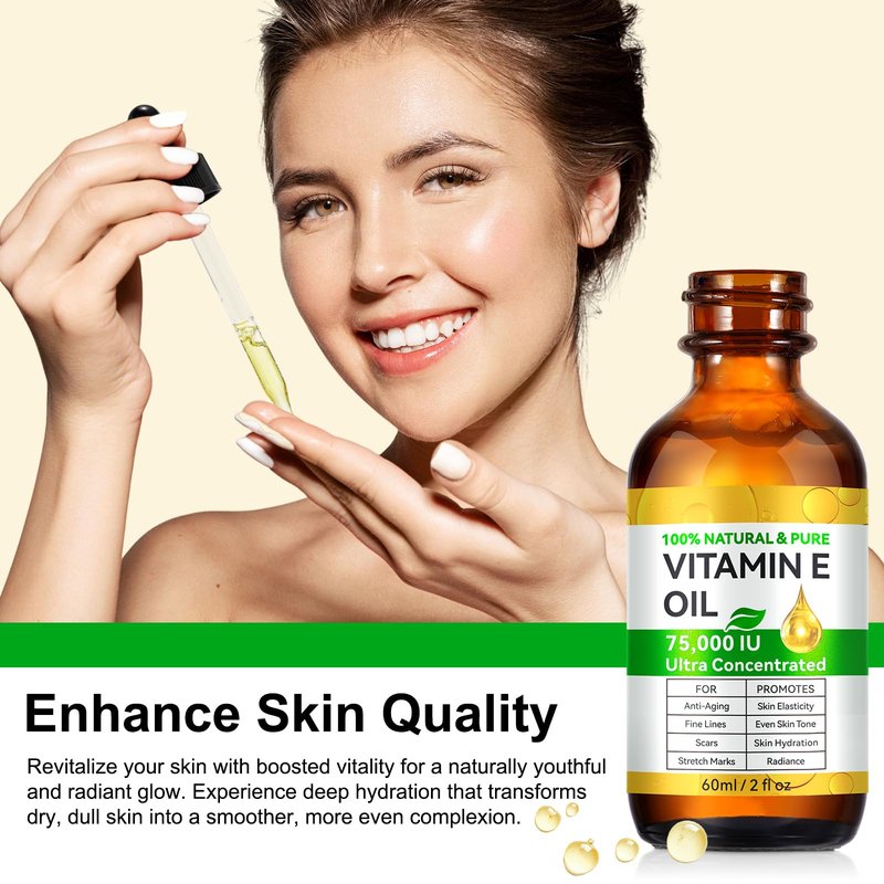 Vitamin E Oil, 75,000 IU, 100% Pure Vitamin E Oil for Skin, Hair & Nails, Hydrating Dry Skin, Face and Body Moisturizer, Reduce Stretch Marks, Wrinkles, 2Fl Oz