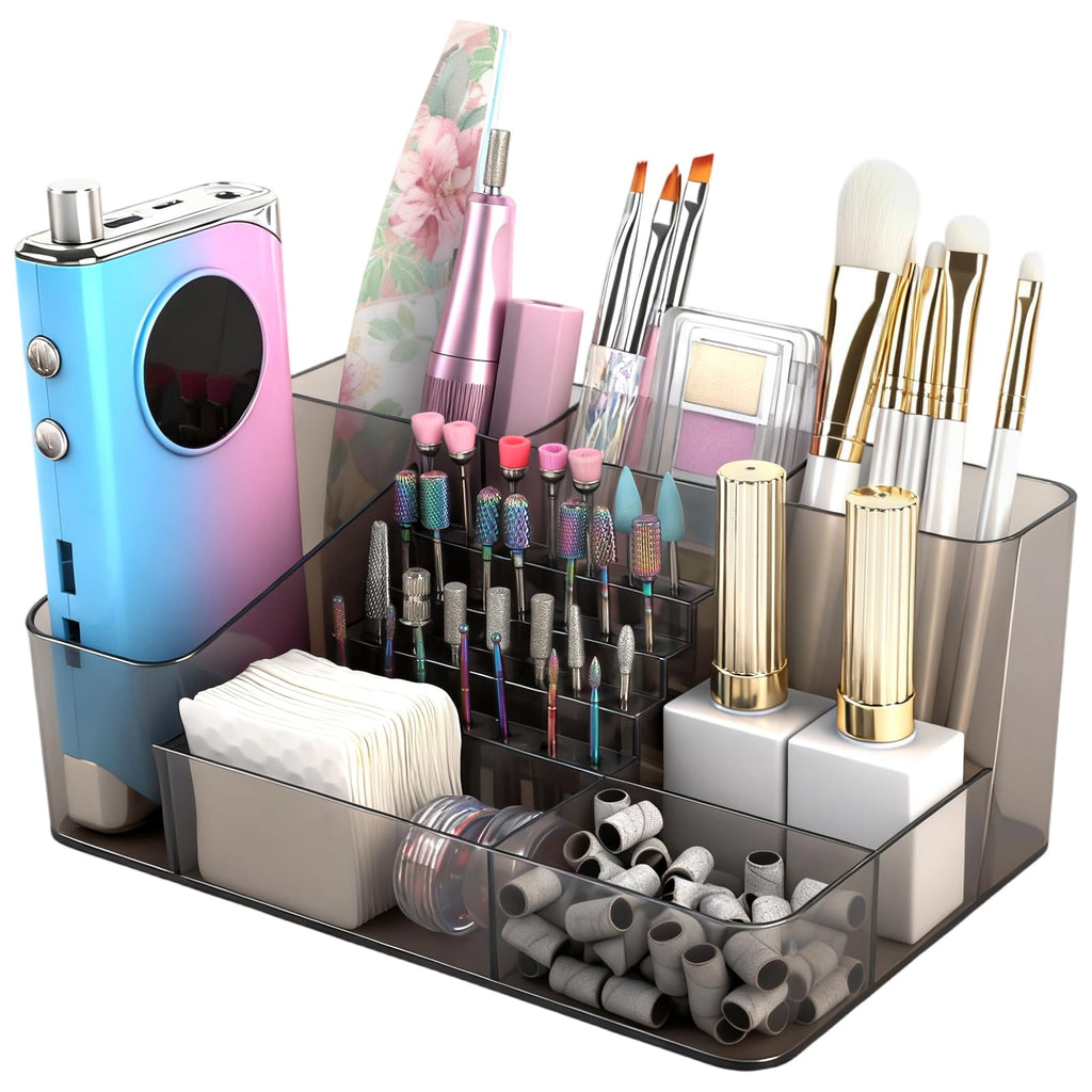 YINGJEE Nail Drill Holder & 28 Holes Nail Drill Bits Holder, Transparent Acrylic Nail Drill Machine Storage Box, Professional Nail Drill Organizer Case for Manicure tools (Gray)