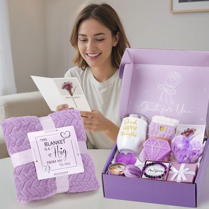 Birthday Gifts for Women Self Care Gift Set, Purple Relaxing Spa Gift Baskets for Women Get Well Soon Care Package, Personalized Happy Mothers Day Gifts for Mom Wife Grandma Daughter Sister Friends