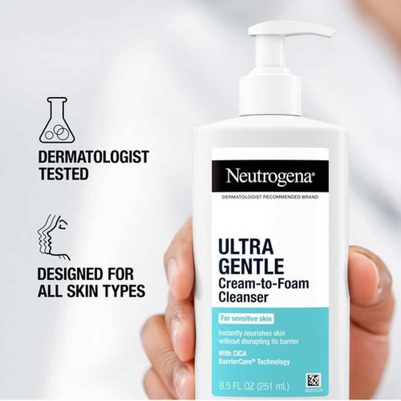 Neutrogena Ultra Gentle Cream to Foaming Face Wash for Sensitive Skin, Fragrance-Free Gentle Facial Cleanser, Hypoallergenic Skin Care, Non-Comedogenic Makeup Remover, 8.5 oz